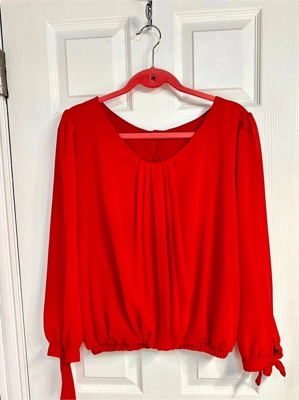 Red Long Sleeve Blouse with Tie Cuffs